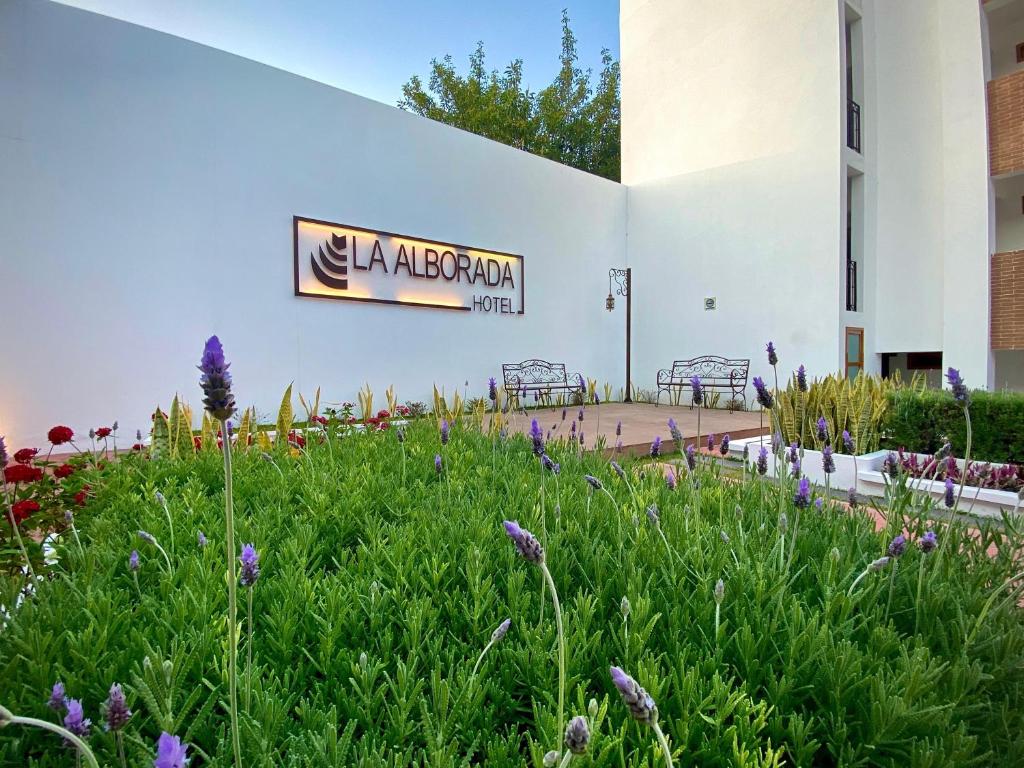 un jardin en face d'un bâtiment orné de fleurs violettes dans l'établissement La Alborada, à Comitán de Domínguez