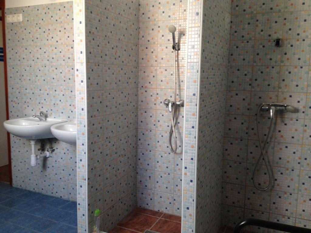 W łazience znajduje się prysznic i umywalka. w obiekcie Göncölház w mieście Vác