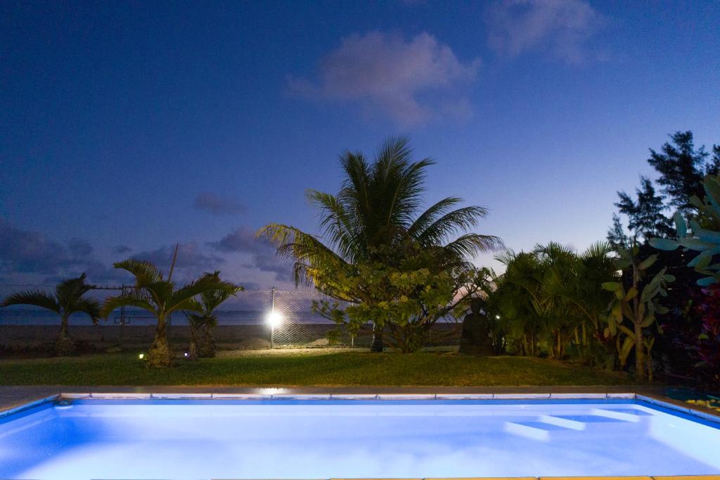 a blue swimming pool at night with palm trees at Chalet Kestrel with pool on the beach in Riambel