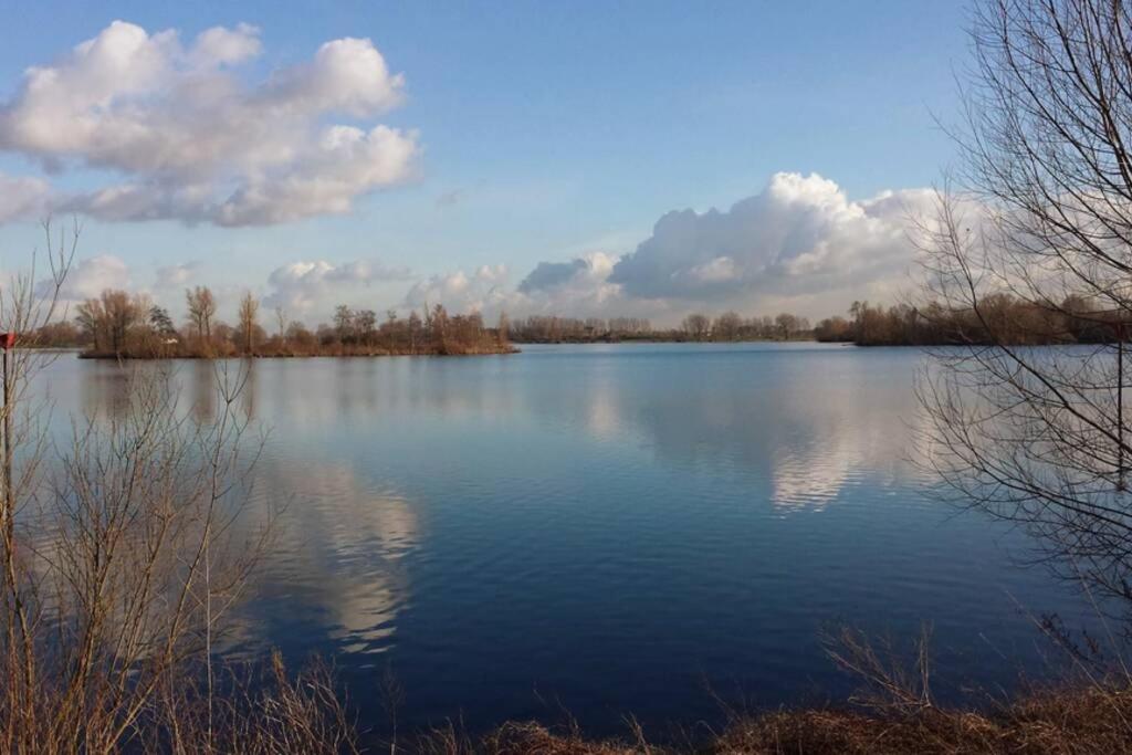 a view of a large lake with clouds in the sky at Zonnig appartement Maasbommel. in Maasbommel