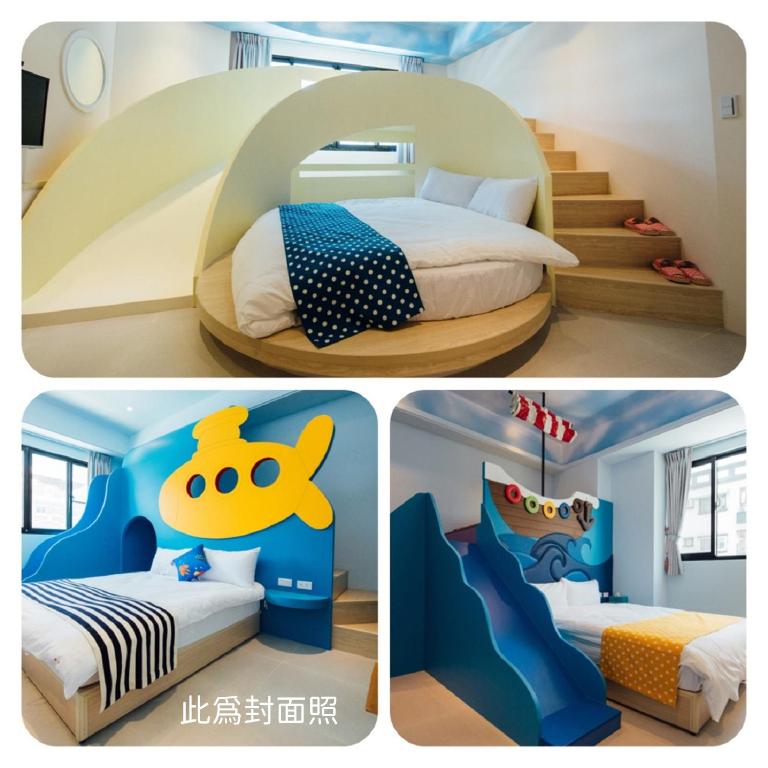 two pictures of a bedroom with a bed and a staircase at Yellow Kite Hostel in Tainan