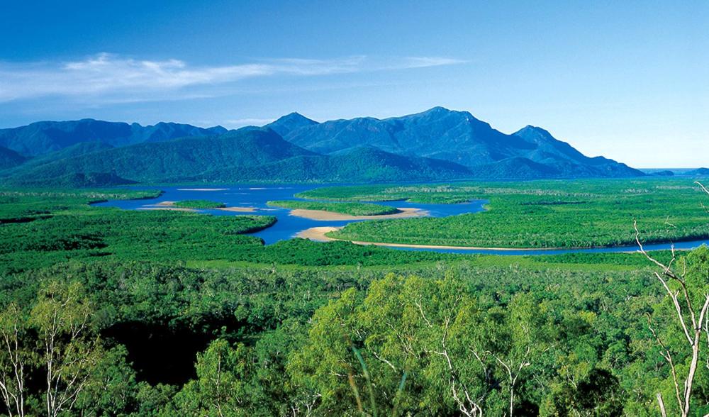 an aerial view of a river with mountains in the background at Hinchinbrook Resorts Management Pty Ltd in Lucinda