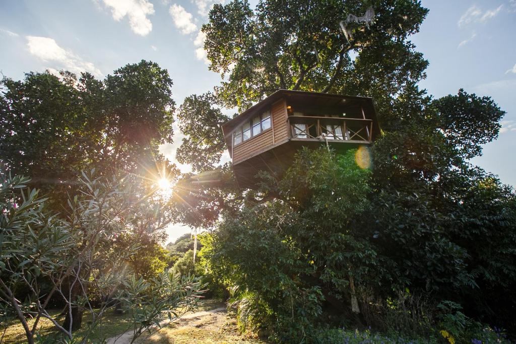 a tree house on a hill with the sun in the background at Lendas do Capão Pousada in Vale do Capao