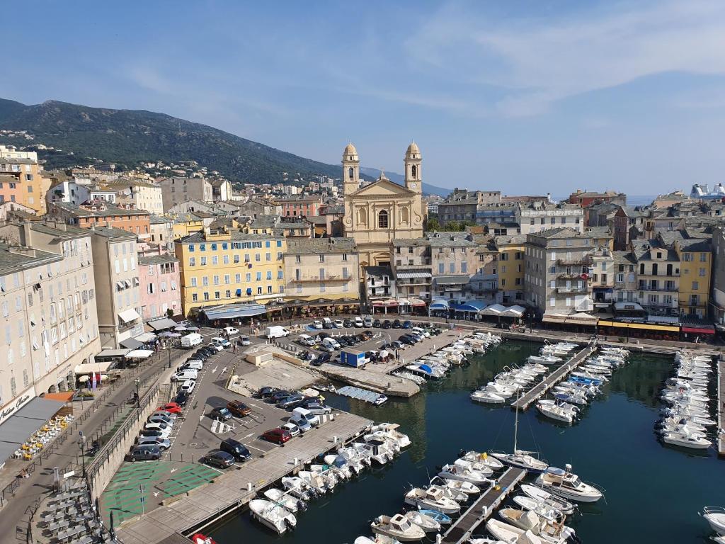 an aerial view of a harbor with boats in the water at Appartement de charme citadelle Bastia in Bastia