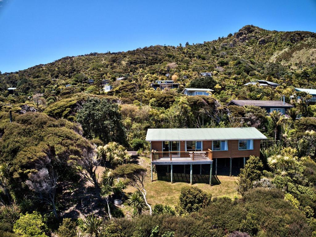 une maison au sommet d'une colline avec des arbres dans l'établissement Seaview, Sun and Surf - Piha Holiday Home, à Piha