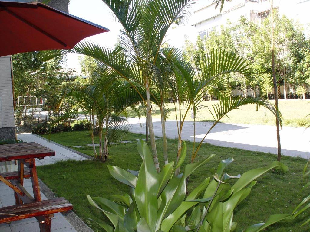 a park with palm trees and a bench and an umbrella at Feng Lin Homestay in Shuili