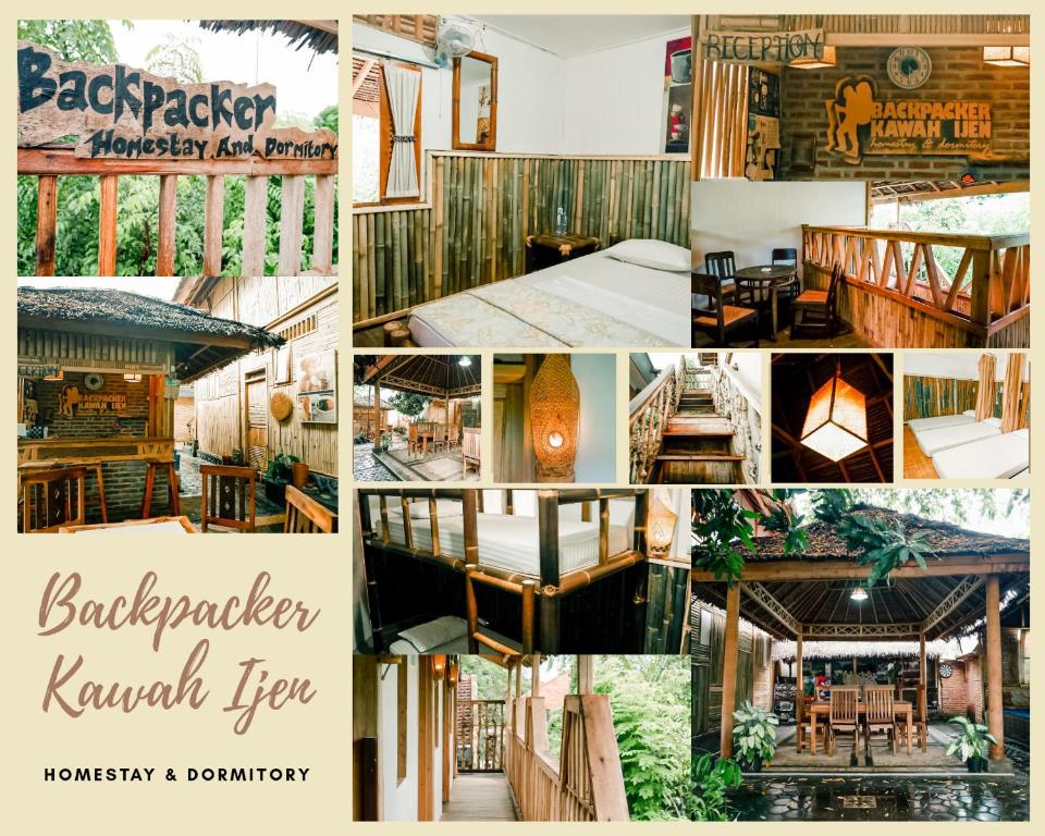 a collage of photos of a barbershop and restaurant at Backpacker Kawah Ijen in Banyuwangi