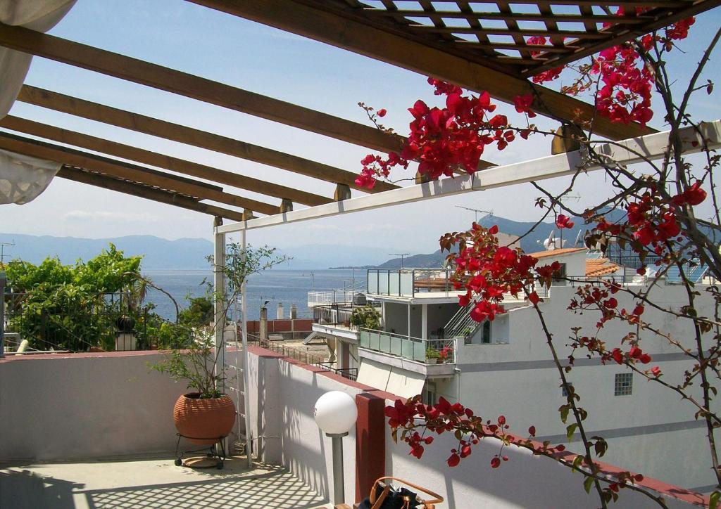 a view from the balcony of a house with red flowers at Hotel Galaxy in Loutra Edipsou