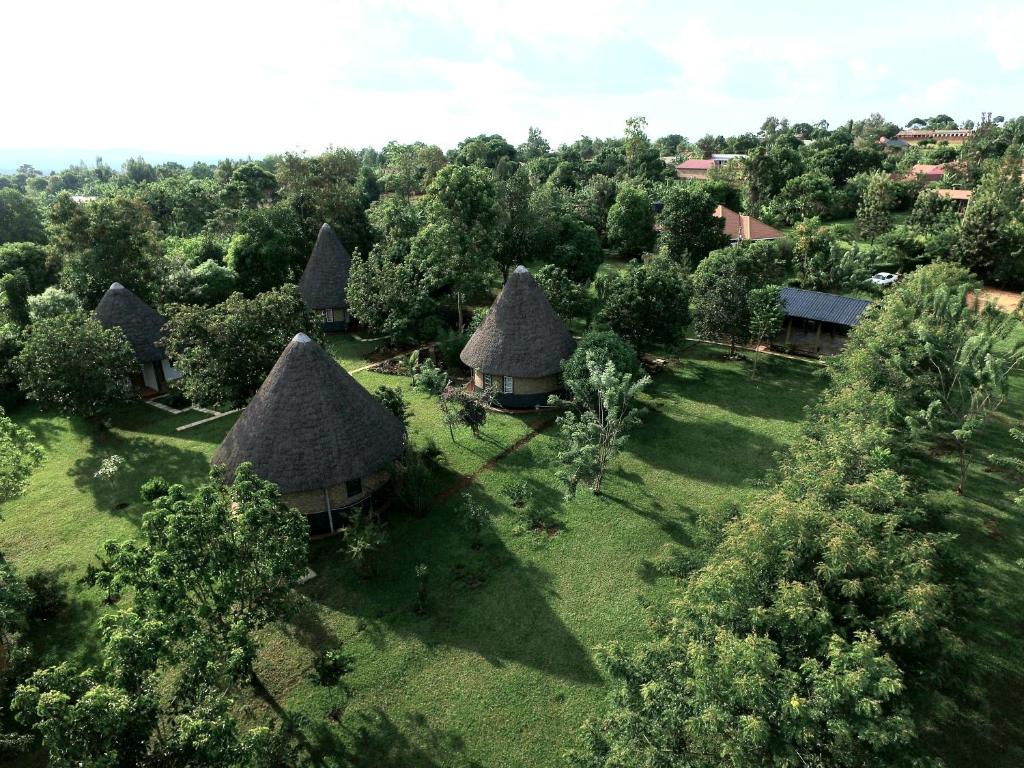 an overhead view of a group of huts with trees at Tusubira village in Jinja