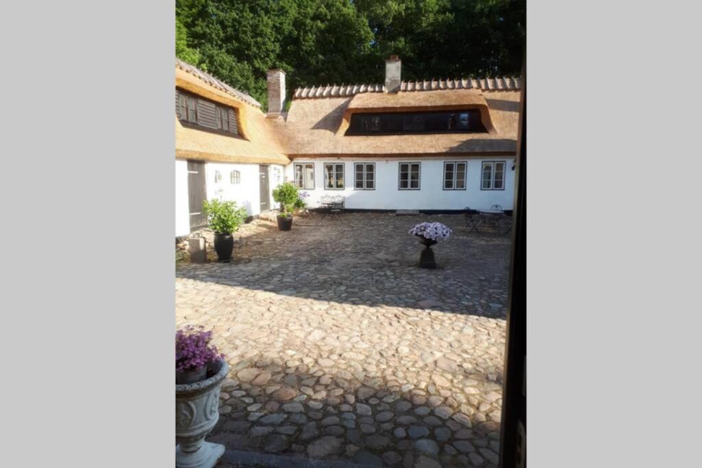 a view of the house from the courtyard at Stråtækt idyl i skoven in Fredensborg