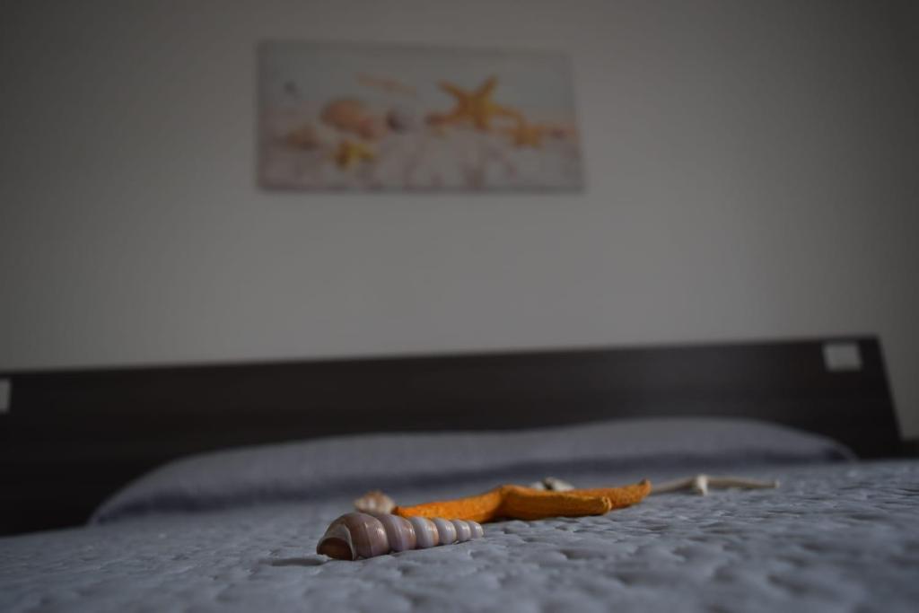 een speelgoedschildpad en wortel op een bed bij Appartamenti AcquaChiara in San Vito lo Capo
