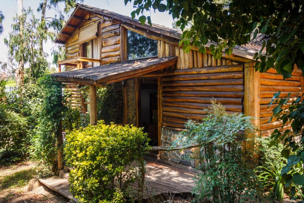 Cabaña en el bosque con puerta de madera en Cabañas Las Moras en Tandil