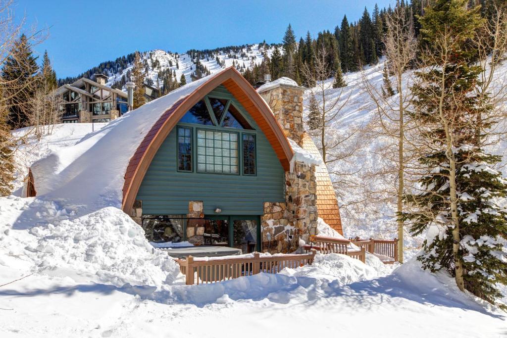 una casa con techo abovedado en la nieve en Creekside Chalet, en Alta