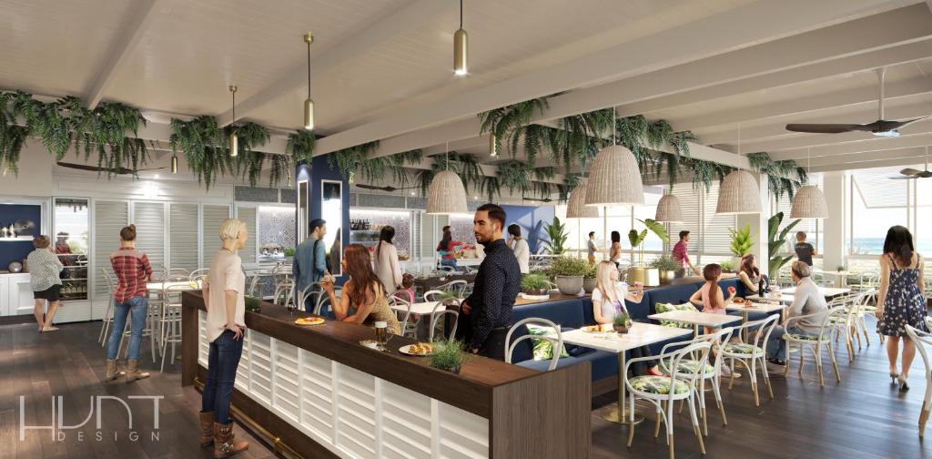 a rendering of a restaurant with people standing at tables at Crystalbrook Flynn in Cairns