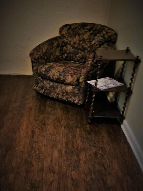 a living room with a chair and a side table at Cheap East Knoxville Basement Studio in Knoxville