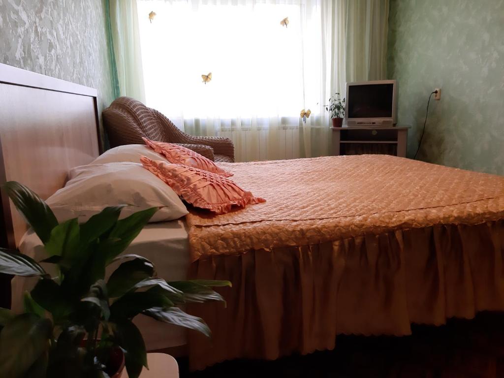 1 dormitorio con cama, ventana y TV en 1 комн.Центр,Ж/Д Вокзал, en Volgograd