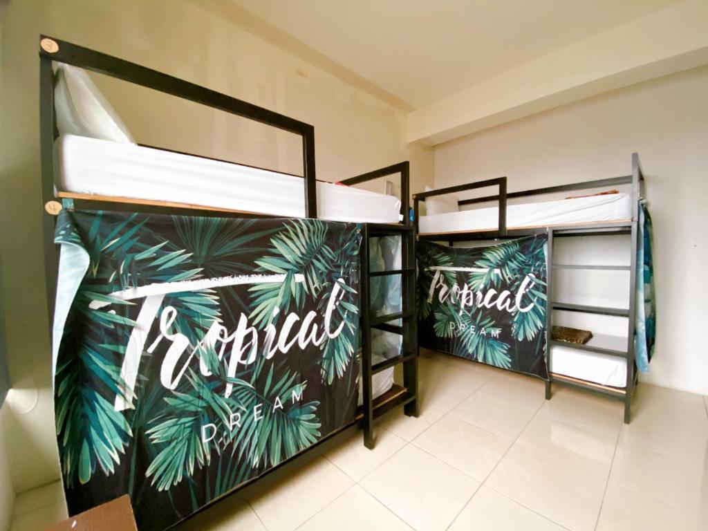 two bunk beds in a room with palm trees mural at The Way Hostel & Bar in Donggang