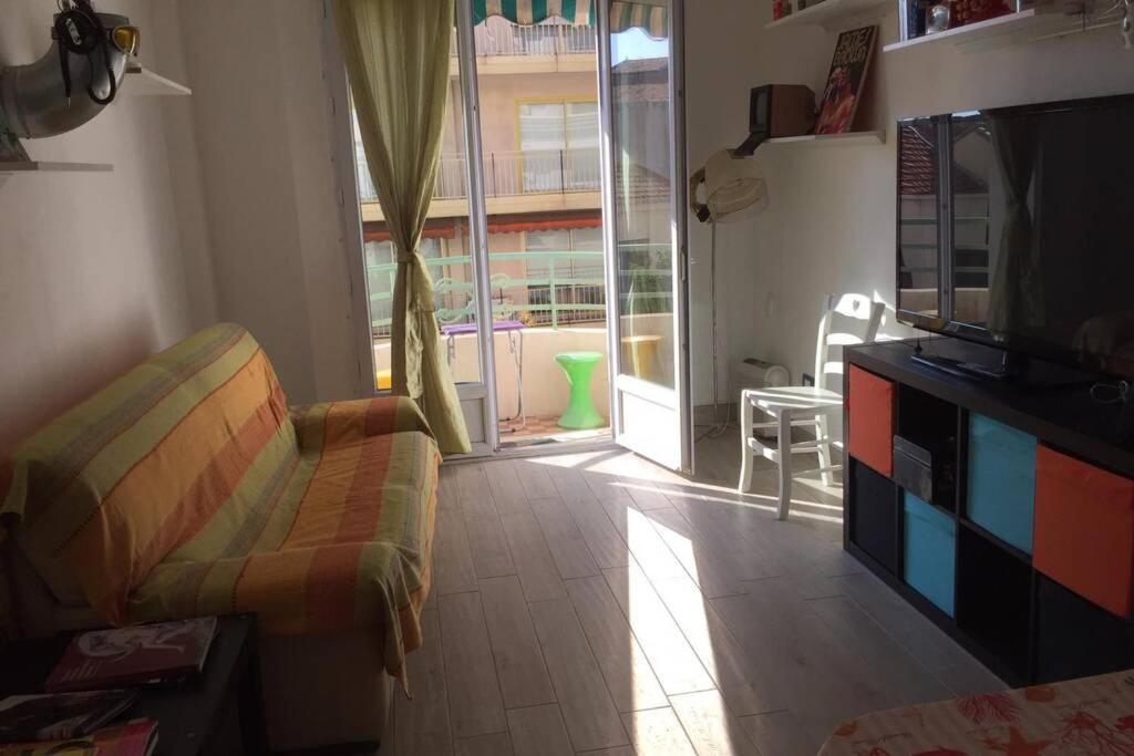 アンティーブにあるGrand F2 60mq centre Antibes, proche plages, commerces, 2 balcons, parking, train, bus, deco vintage, pet friendlyのソファとテレビのあるリビングルーム