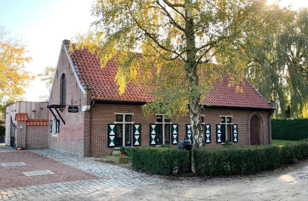 una casa de ladrillo con un árbol delante de ella en B&B Hof Ter Koningen en Aalst