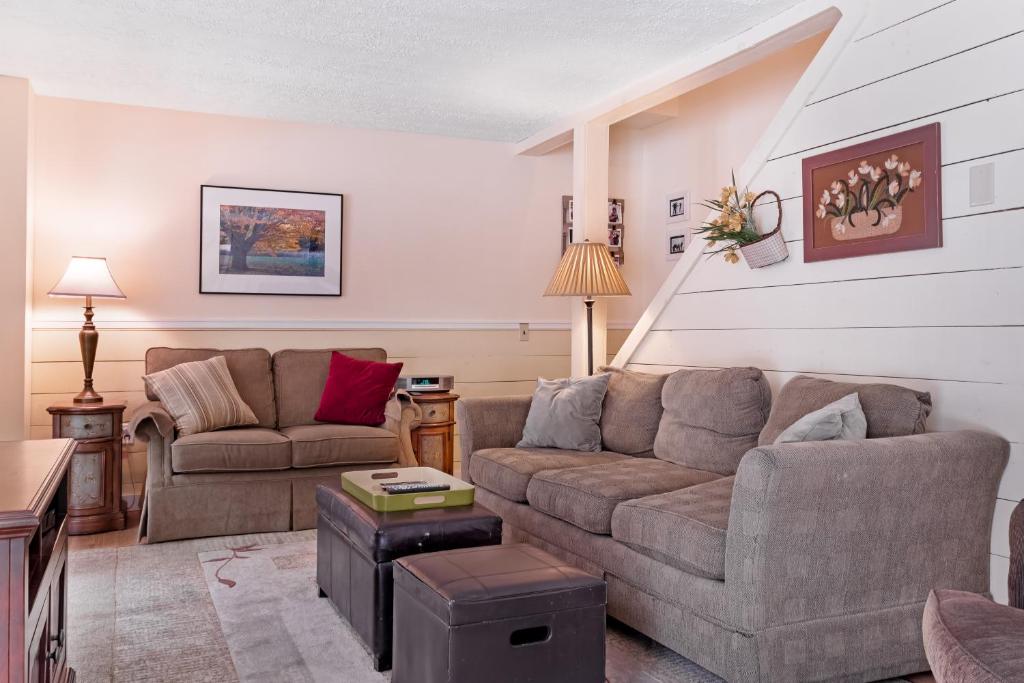 Sala de estar con 2 sofás y mesa en Whale Rock Lodge, en Madison