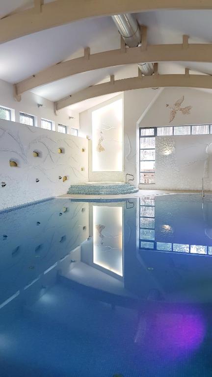 Indoor swimming pool with arched ceiling, decorative wall art, and soft ambient lighting.