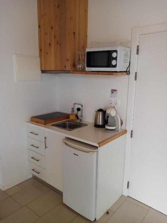a small kitchen with a sink and a microwave at Sao Vicente Lodge - Atlantic Retreat in São Vicente Ferreira