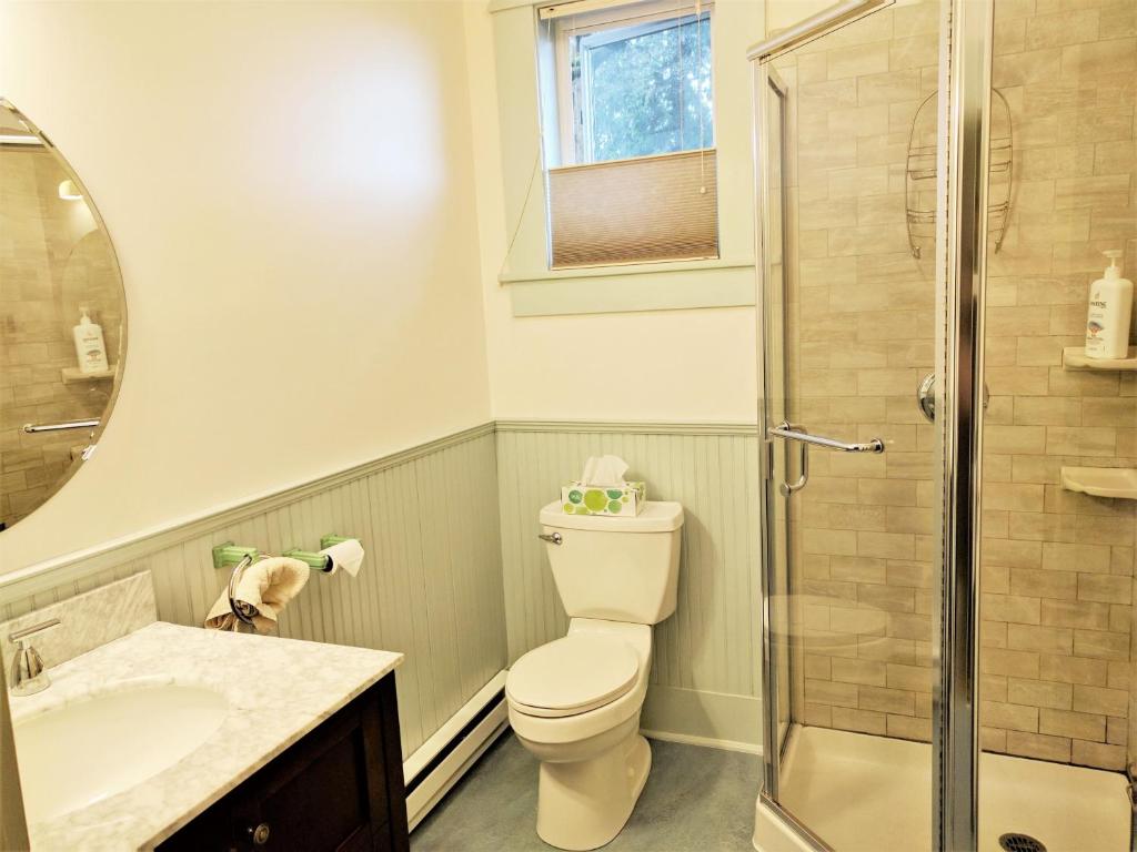 a bathroom with a toilet and a shower and a sink at Evermore Guesthouse in Portland