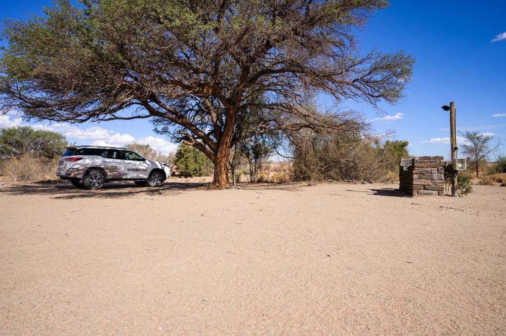 un coche aparcado bajo un árbol en el desierto en Canyon Roadhouse Campsite en Karasburg