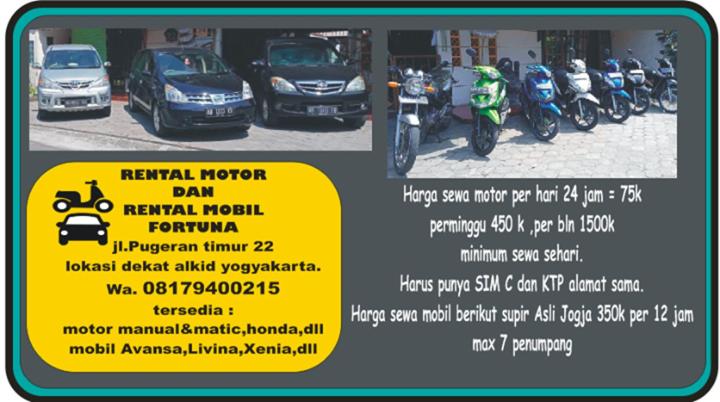 um panfleto para um parque de estacionamento com carros e motos em Fortuna Guest House em Yogyakarta