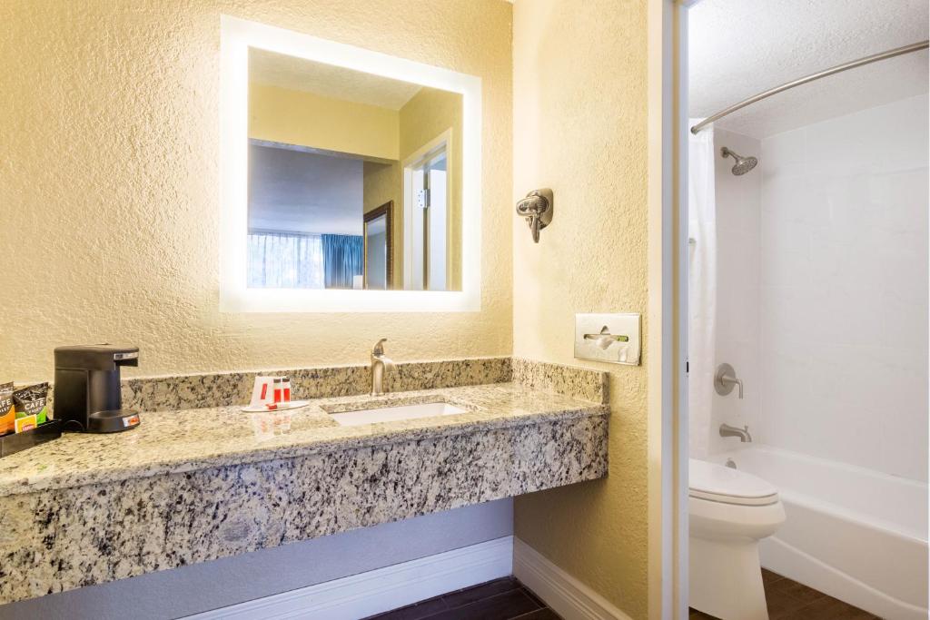 a bathroom with a sink and a mirror and a toilet at Howard Johnson by Wyndham Lakeland in Lakeland