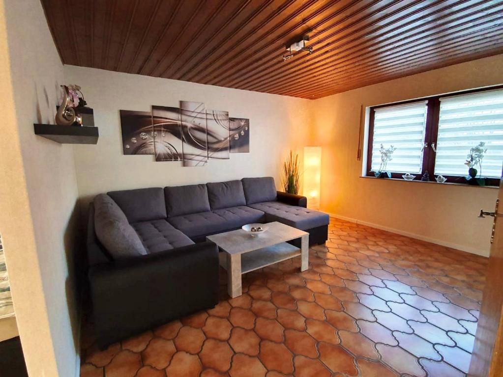 Apartments Rhona III und IV Neunkirchen City في نوينكيرشن: غرفة معيشة مع أريكة وطاولة