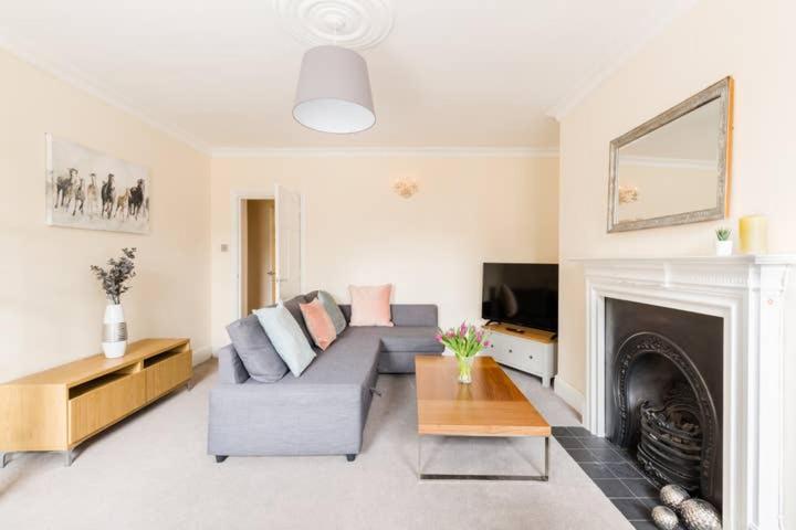 - un salon avec un canapé et une cheminée dans l'établissement Regency apartment - private entrance & courtyard, à Cheltenham