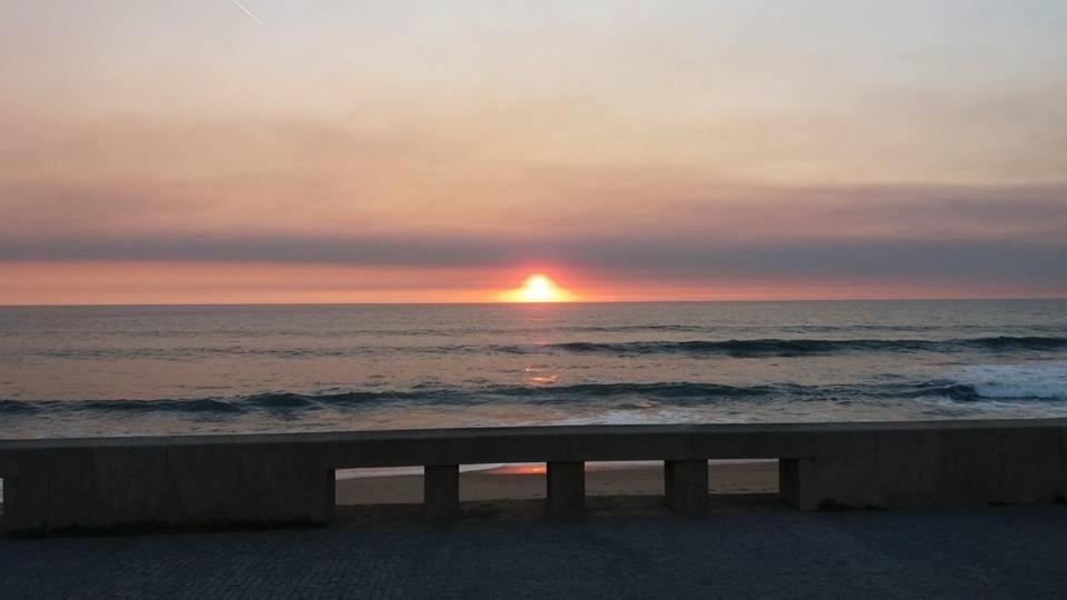 a bench on the beach with a sunset in the ocean at Villa Granja Sol in São Félix da Marinha