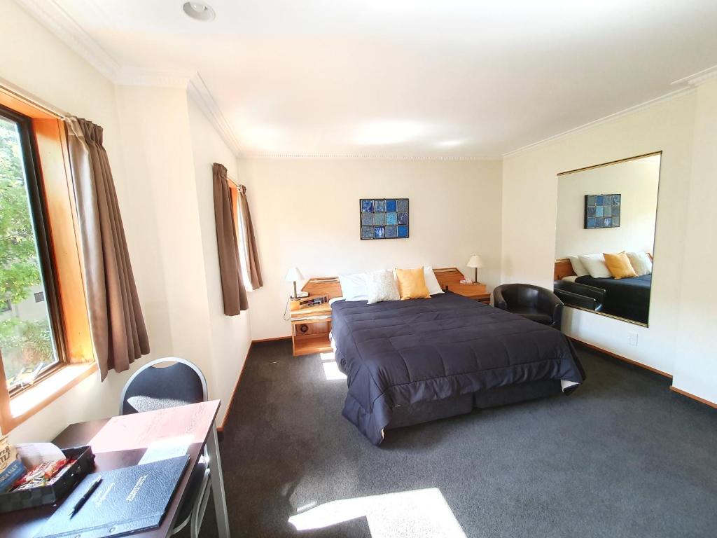 a hotel room with a bed and a desk and a couch at Fitzherbert Castle Motel in Palmerston North