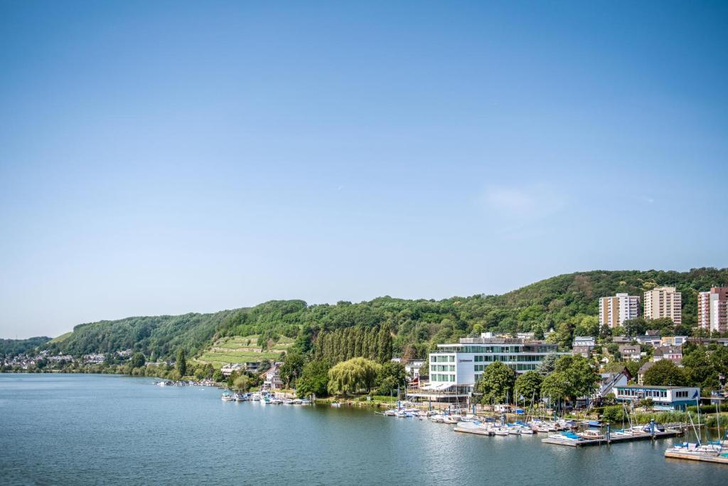 - une vue sur une rivière avec des bateaux amarrés dans l'établissement Fährhaus, à Coblence