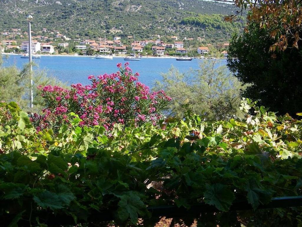a view of a body of water with pink flowers at Apartments Fran-30m from sea in Vinišće