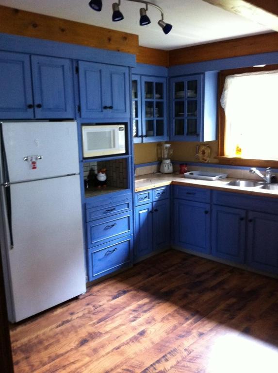 a kitchen with blue cabinets and a white refrigerator at Seymour Point Cottage in Campbellford