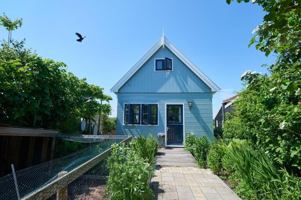 a blue house with a pathway leading up to it at Romantic Dutch hideaway in Jisp