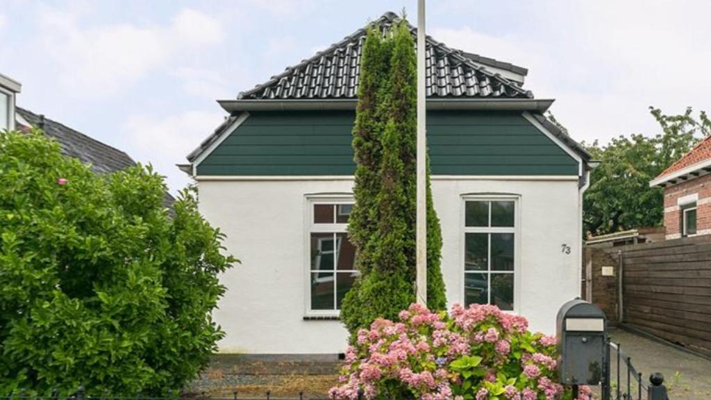 une petite maison blanche avec un toit vert dans l'établissement Sfeervol 't Rustpunt, à Bierum