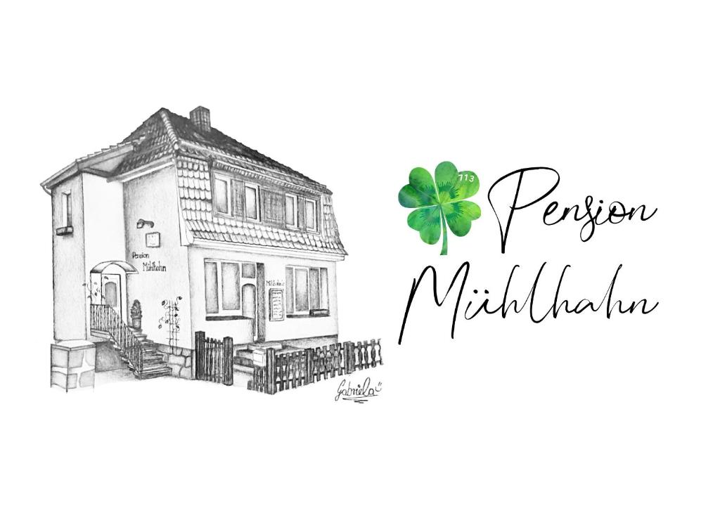 un dibujo de una casa con un trébol verde de cuatro hojas en Pension Mühlhahn, en Schierke