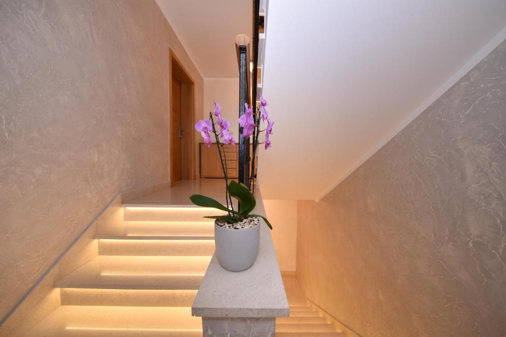 Un escalier avec un vase blanc et des fleurs violettes. dans l'établissement APARTMANI PETRA, à Vir