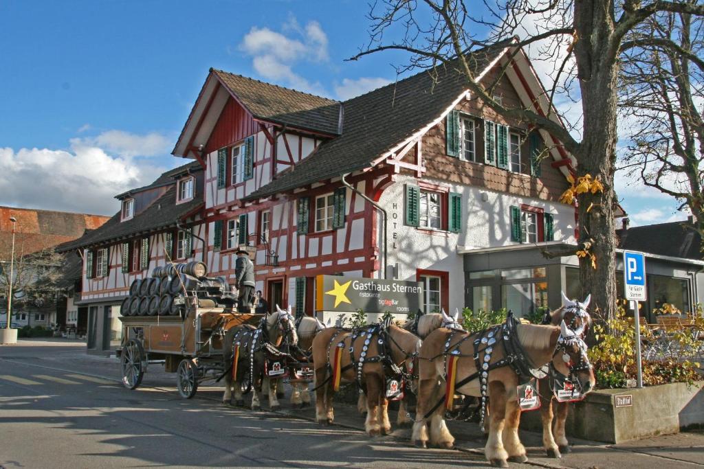 un grupo de caballos tirando de un carruaje por una calle en Gasthaus Sternen, en Rafz