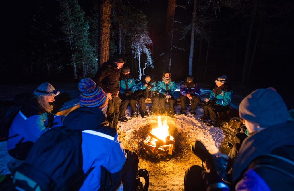 a group of people sitting around a fire at night at Wilderness Hotel Nellim & Igloos in Inari