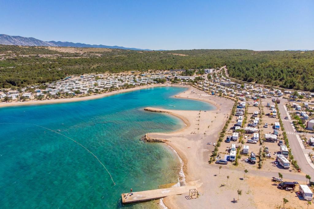 a beach filled with lots of palm trees at Mobile Homes Camping Omišalj in Omišalj