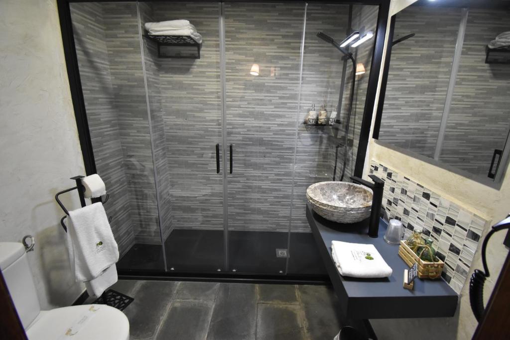 Un baño con ducha, lavabo e inodoro. en HOTEL RURAL A VELHA FABRICA, en Valverde del Fresno