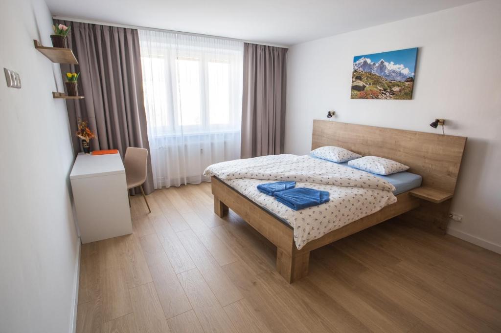 a small bedroom with a bed and a window at City apartment Poprad in Poprad
