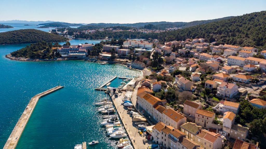 an aerial view of a town with boats in the water at Castello rezidence Korcula 2 in Korčula