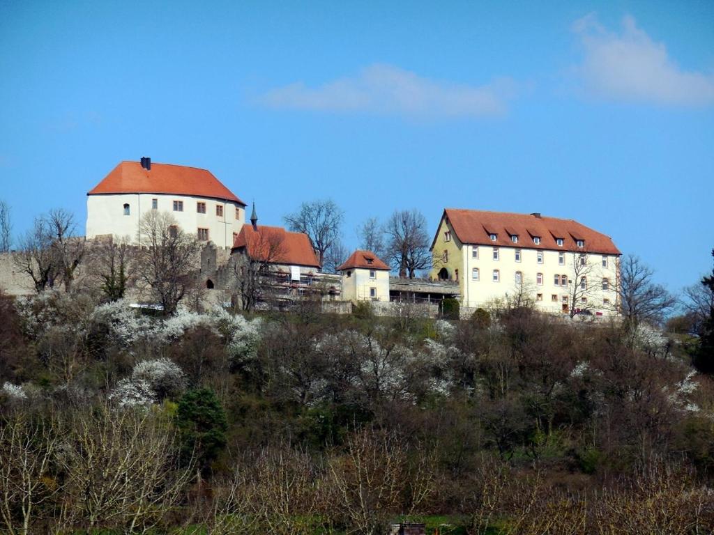 un grand bâtiment blanc avec un toit rouge sur une colline dans l'établissement Ferienzimmer Gersprenztal, à Reichelsheim