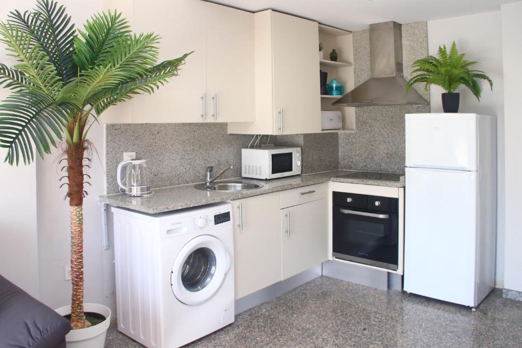 a kitchen with a washing machine and a sink at SeaHomes Vacations, BEACH&POOL, in Fenals Beach in Lloret de Mar