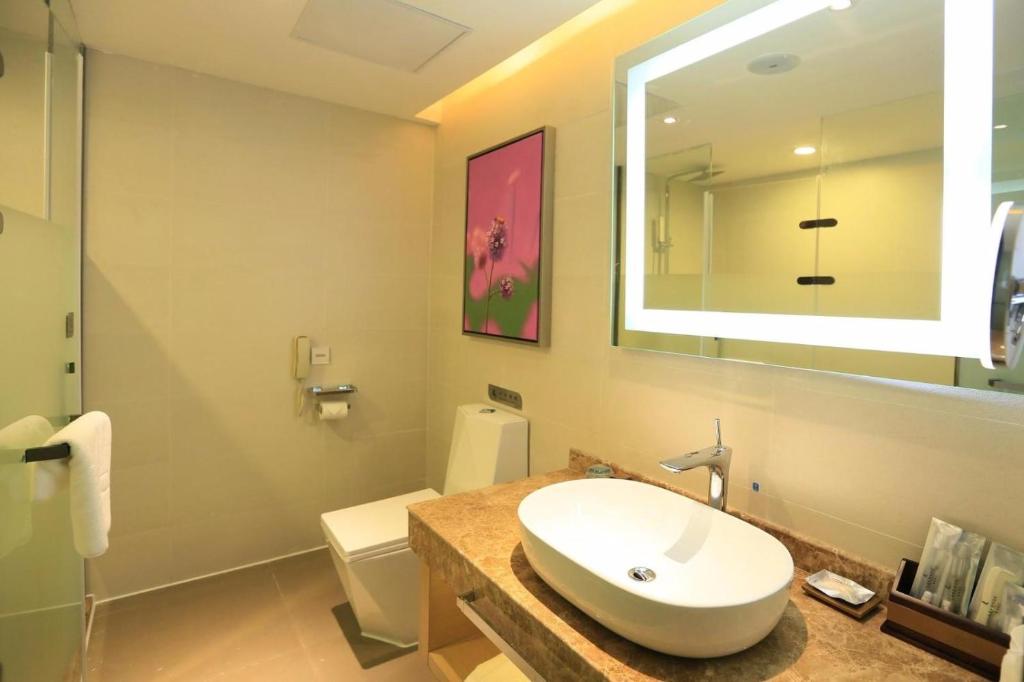 a bathroom with a sink and a mirror and a toilet at Lavande hotel suzhou railway station store in Suzhou